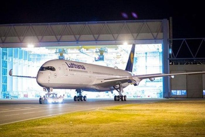 The first Airbus A350-900 for Lufthansa is rolled out of the Airbus paint shop