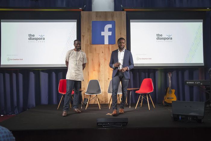 Femi Longe and Bosun Tijani of CcHub on stage at the Diaspora Challenge launch in London.