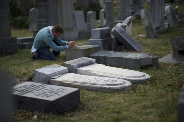 Vandalised Jewish tombstones at Mount Carmel Cemetery in Philadelphia, photographed on February 27, 2017