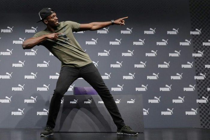 Jamaica's Usain Bolt mugs for the media ahead of his last World Championship, in east London on August 1, 2017