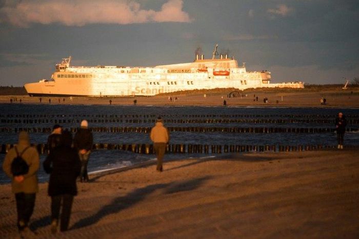 A Scandlines ferry leaves the German port of Warnemuende en route to Gedser in Denmark