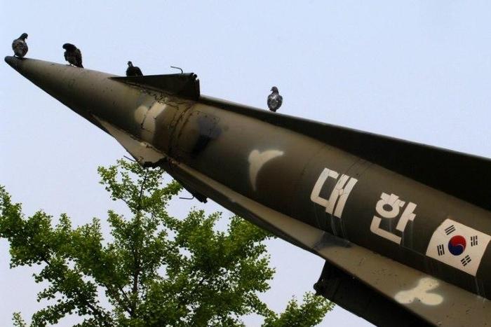 Pigeons sit on a South Korean missile on display at the Korea War Memorial Museum in Seoul