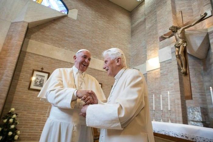 Pope Francis (L) and Pope emeritus Benedict XVI, seen together in a handout picture from the Vatican in 2016, met April 13, 2017 so Francis could wish his predecessor an early happy birthday