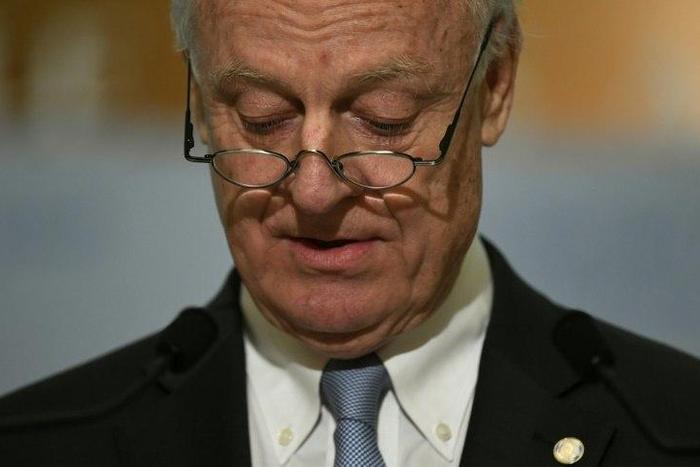 UN Special Envoy of the Secretary-General for Syria, Staffan de Mistura, gives a press conference during the Intra-Syrian peace talks at the European headquarters of the United Nations in Geneva, on March 3, 2017