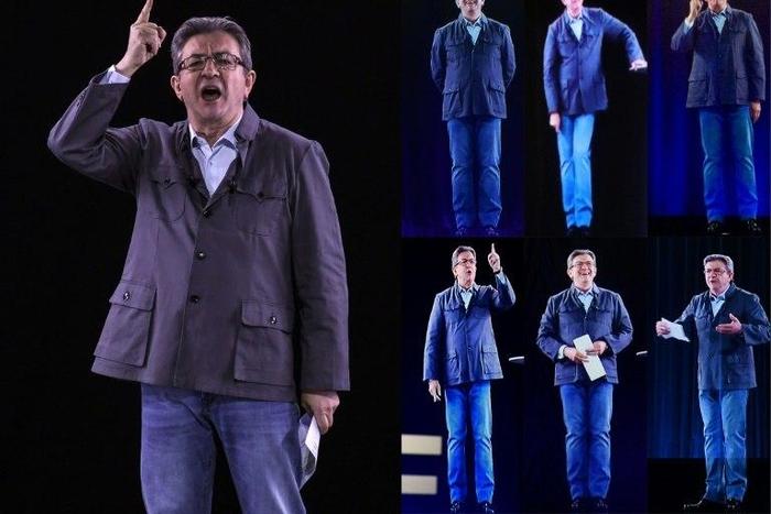 Melenchon appeared simultaneously in Dijon, Nancy, Grenoble, Montpellier, Clermont-Ferrand, Nantes and Le Port on the Indian Ocean island of Reunion