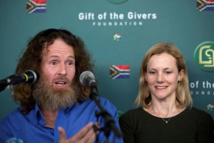 Freed South African Hostage Stephen McGown (L), who was held hostage by Al-Qaeda in Mali for nearly six years, alongside his wife Catherine (R) tells the medis he was well treated