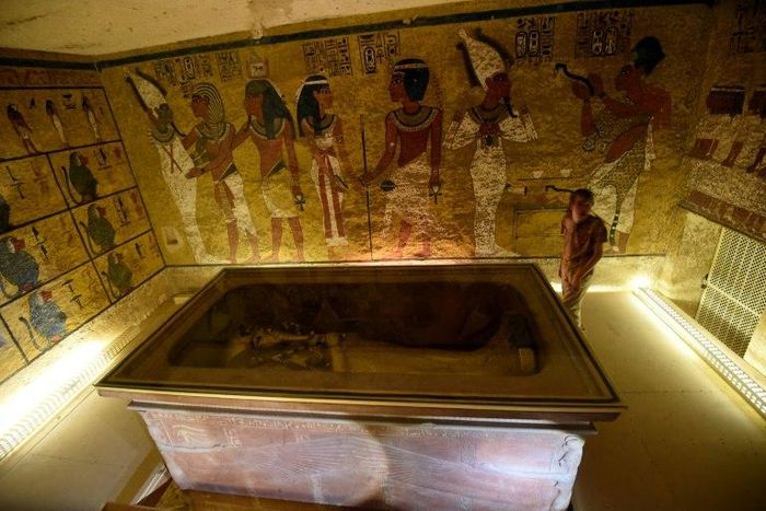 The golden sarcophagus of King Tutankhamun displayed in his burial chamber in the Valley of the Kings, close to Luxor