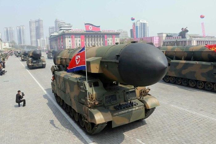 Ballistic missiles on display at Kim Il-Sung square during a military parade in Pyongyang on April 15, 2017