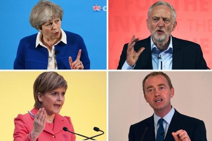 Britain's party leaders (clockwise from top left) Theresa May, Jeremy Corbyn, Tim Farron and Nicola Sturgeon