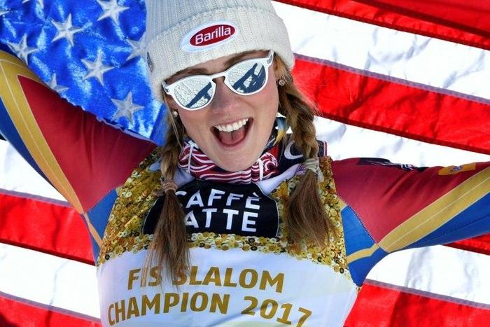 US skier Mikaela Shiffrin celebrates winning the women's slalom at the World Ski Championships in St Moritz, Switzerland, on February 18, 2017