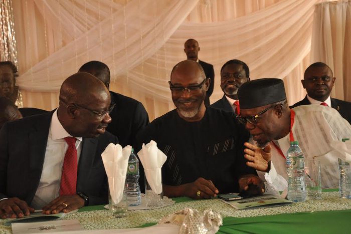 Governor Godwin Obaseki, Edo APC Chairman, Anselm Ojezua and Former Edo SSG, Professor Julius Ihonvbere at an orientation programme for new political appointees.