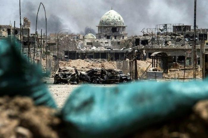 A picture taken on July 2, 2017 shows a general view of a destroyed mosque in the Old City of Mosul, during the government offensive to retake the city from Islamic State (IS) group fighters