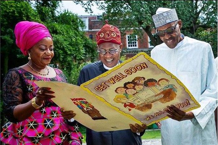 From left: Lauretta Onochie, Lai Mohammed and President Muhammad Buhari