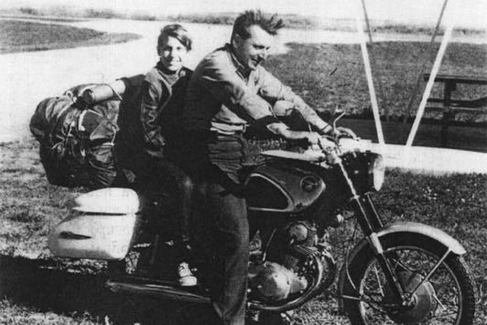 Robert Pirsig on a motorcycle with his son, Chris