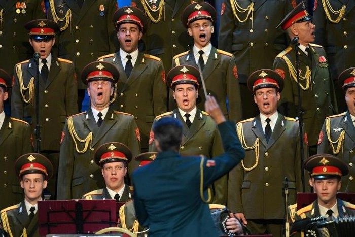 The Red Army Choir performs during their first concert since many of its members perished in a plane crash, in Moscow on February 16, 2017