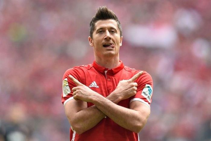 Bayern Munich's Robert Lewandowski has scored 38 goals in all competitions this season, including this effort against Augsburg on April 1, 2017