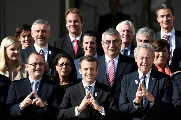 French President Emmanuel Macron (centre) met with members of the International Olympic Committee (IOC) Evaluation Commission at the Elysee Palace in Paris, on May 16, 2017