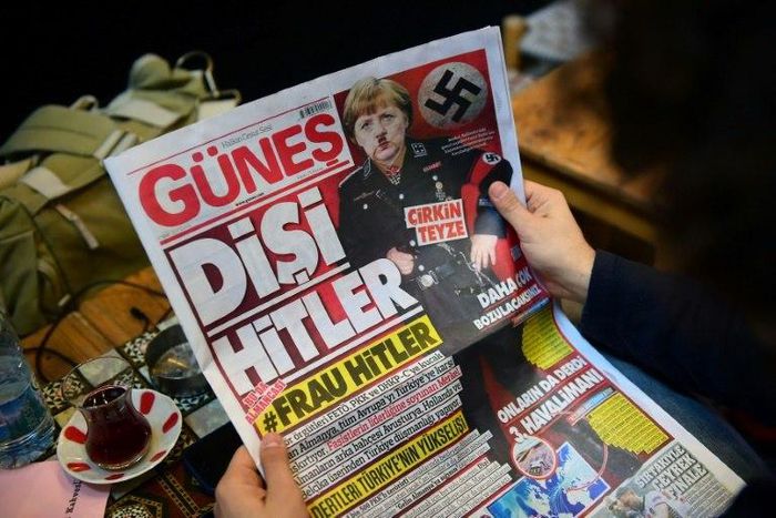 Turkish daily Gunes labelled the German leader Angela Merkel as a "She Hitler" on March 17, amid a bitter war of words between Ankara and Berlin
