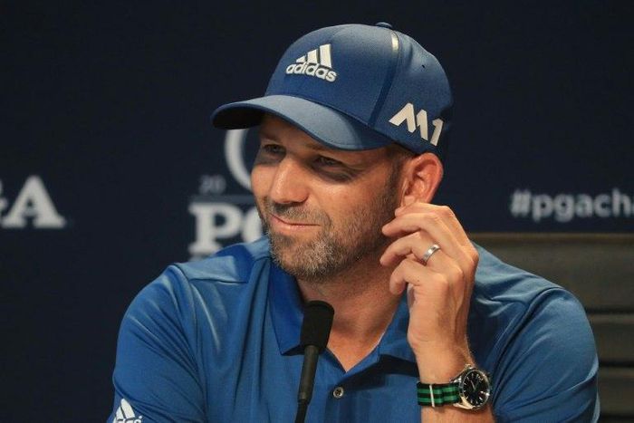 Sergio Garcia of Spain speaks during a press conference during a practice round prior to the 2017 PGA Championship at Quail Hollow Club on August 9, 2017 in Charlotte, North Carolina