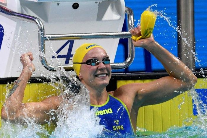 Sweden's Sarah Sjostrom reacts after winning the women's 50m freestyle on July 30, 2017