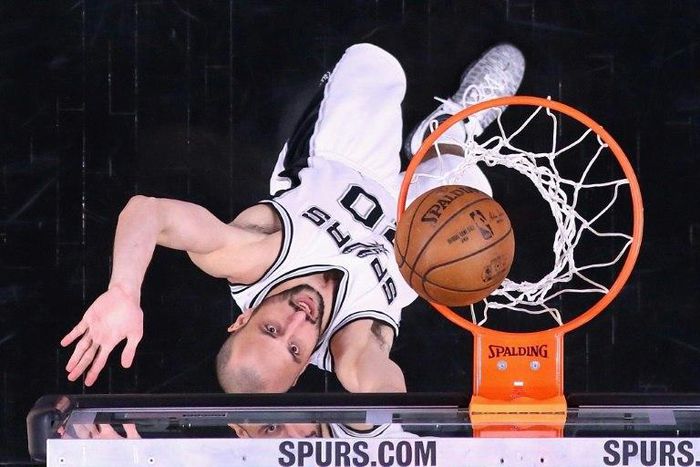 Manu Ginobili of the San Antonio Spurs shoots against the Golden State Warriors in Game Four of the 2017 NBA Western Conference finals, at AT&T Center in San Antonio, Texas, on May 22