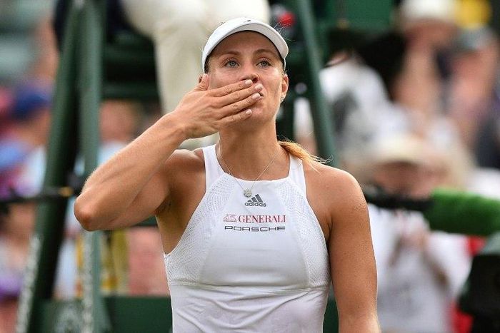 Germany's Angelique Kerber reacts after winning against Belgium's Kirsten Flipkens during their women's singles second round match on in Wimbledon, southwest London, on July 6, 2017