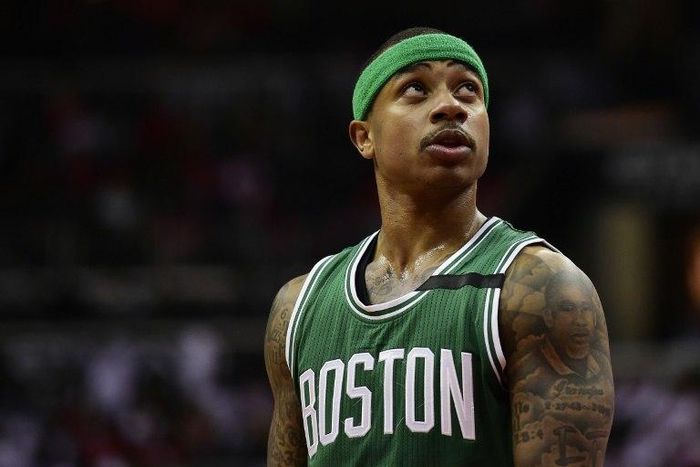 Isaiah Thomas of the Boston Celtics reacts in the second half against the Washington Wizards in Game Four of the Eastern Conference Semifinals at Verizon Center on May 7, 2017 in Washington, DC