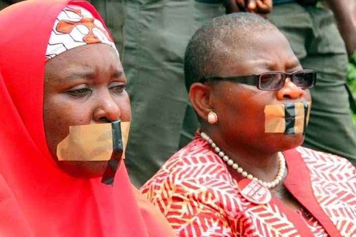 Oby Ezekwesili (R) with another member of the Bring Back Our Girls (BBOG) group during a silent protest on August 30, 2016.