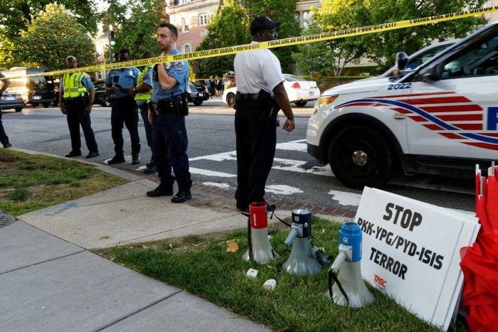 Police secure the street outside the Turkish embassy during a visit by Turkish President Recep Tayyip Erdogan on May 16, 2017 in Washington, DC