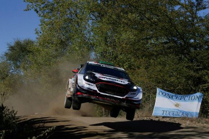 British driver Elfyn Evans steers his Ford Fiesta WRC with compatriot co-driver Daniel Barritt during the SS3 between Amboy and Santa Monica near Santa Rosa de Calamuchita, Cordoba Province, during the WRC Argentina Rally on April 28, 2017