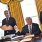 In February, US President Donald Trump (2nd L) and Intel CEO Brian Krzanich (L) met in the Oval Office -- this week, Krzanich left his advisory panel on manufacturing