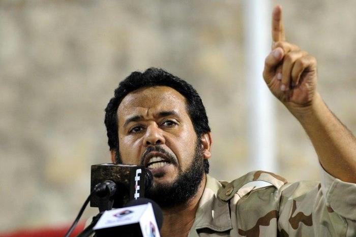Libyan Tripoli military commander Abdelhakim Belhaj addresses a rally in Tripoli on September 9, 2011