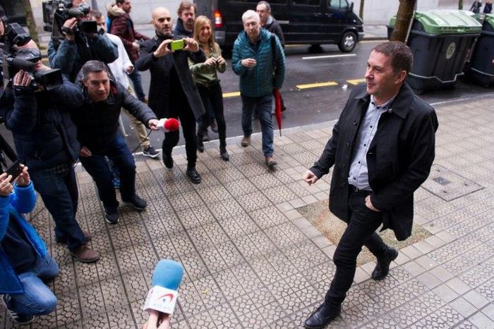 Basque separatist leader Arnaldo Otegi arrives for a conference on the total disarmament of the armed Basque separatist group ETA, in the Spanish city of Bilbao