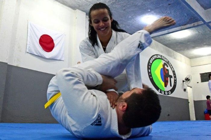 'Piranha Team' members participate in a krav maga self-defence technique class in Rio de Janeiro, Brazil
