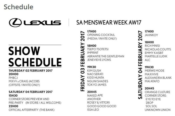 South Africa Menswear Week AW 17 Schedule