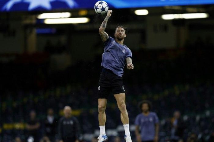 Real Madrid's defender Sergio Ramos takes part in a training session at The Principality Stadium in Cardiff, south Wales, on June 2, 2017