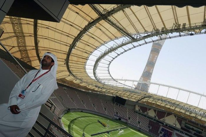 Nasser Al-Khater, a senior organizing figure of the Qatar World Cup, speaks to journalists during a tour of the Khalifa International Stadium in Doha on May 18, 2017