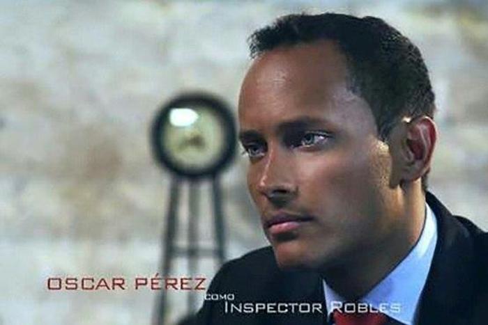 A handout released by the company that produced the movie "Suspended Death" in which helicopter pilot Oscar Perez played a role. He has been identified as the helicopter pilot responsible for a grenade attack on the Venezuelan Supreme Court