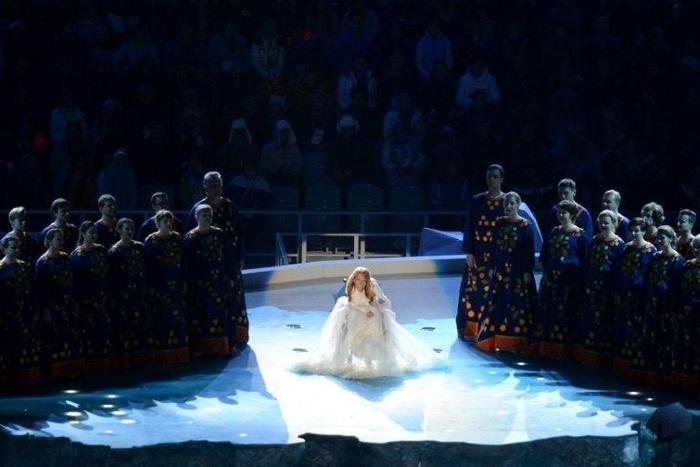 Singer Yuliya Samoilova performing in the Fisht Olympic Stadium during the opening ceremony of the 2014 Winter Paralympic Games in the Black Sea resort of Sochi on March 7, 2014
