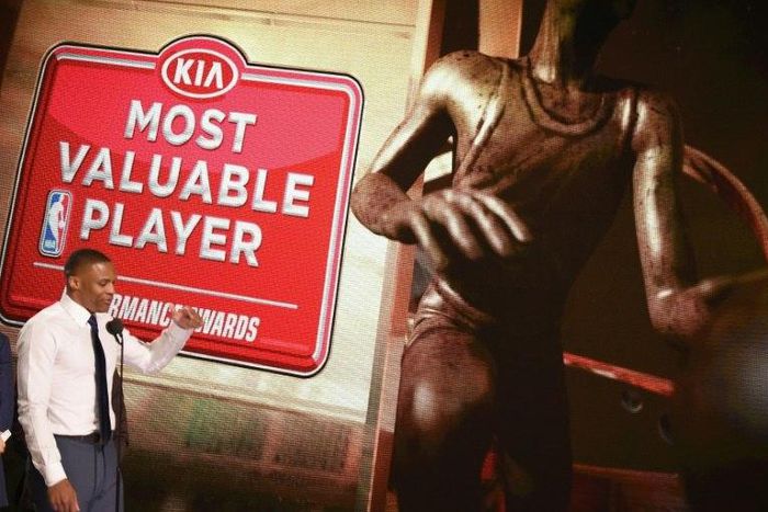 2016-17 NBA Most Valuable Player Russell Westbrook speaks on stage during the 2017 NBA Awards Live On TNT on June 26, 2017 in New York City