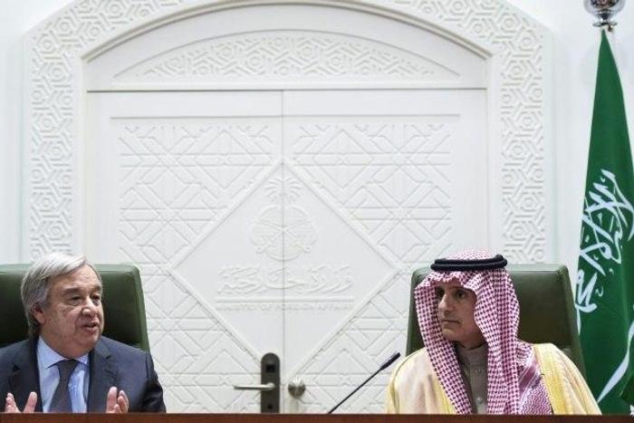 UN Secretary General Antonio Guterres (L) speaks alongside Saudi Minister of Foreign Affairs, Adel al-Jubeir, during a joint press conference held with in the Saudi capital Riyadh on February 12, 2017