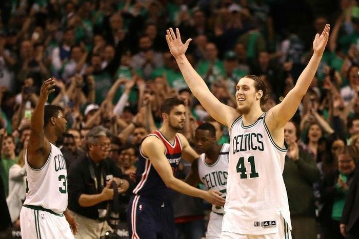 Kelly Olynyk of the Boston Celtics celebrates after their 115-105 win over the Washington Wizards in Game Seven of the NBA Eastern Conference semi-finals, at TD Garden in Boston, Massachusetts, on May 15, 2017