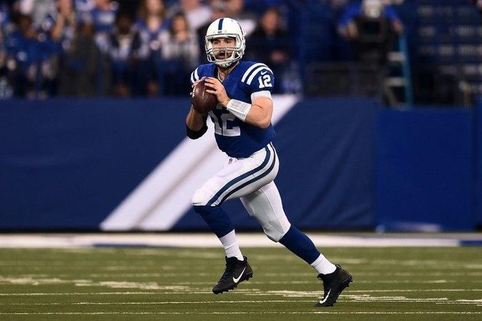 Andrew Luck of the Indianapolis Colts looks to pass during the second half of a game against the Jacksonville Jaguars at Lucas Oil Stadium on January 1, 2017 in Indianapolis, Indiana