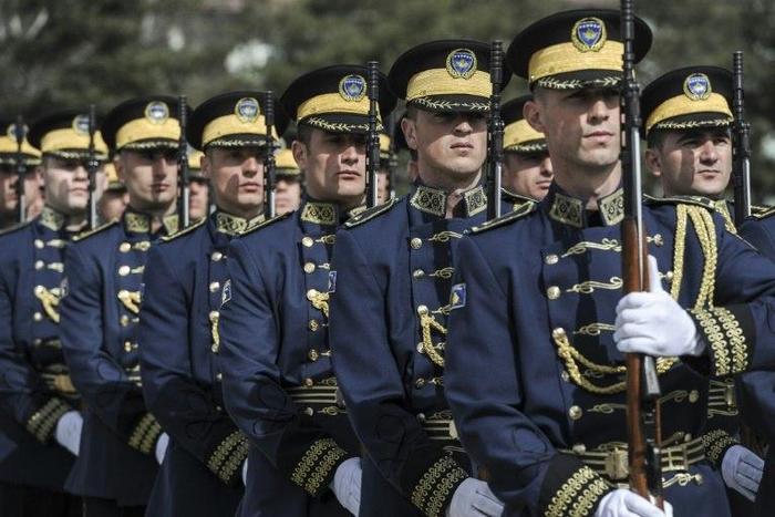 Members of the Kosovo Security Force (KSF) take part in a ceremony in Pristina on March 5, 2017, marking the 19th anniversary of the killing of Kosovo Liberation Army (KLA) founding member and commander Adem Jashari