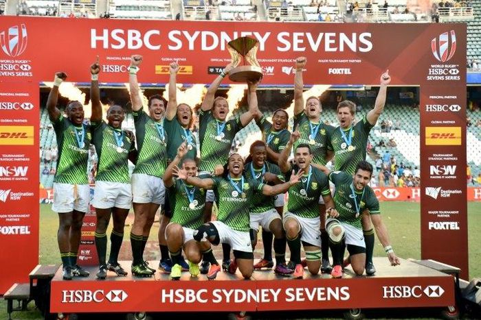 South Africa celebrate beating England in the final of the Rugby Sevens World Series in Sydney on February 5, 2017