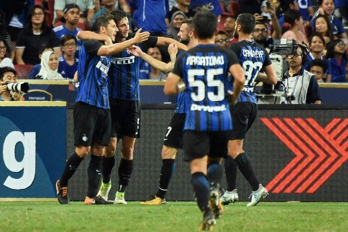 Inter Milan celebrate a goal against Chelsea during a pre-season match in Singapore on July 29, 2017