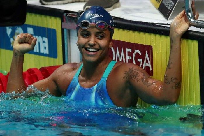 Brazil's Etiene Medeiros celebrates after winning the women's 50m backstroke final during the swimming competition at the 2017 FINA World Championships in Budapest, on July 27, 2017