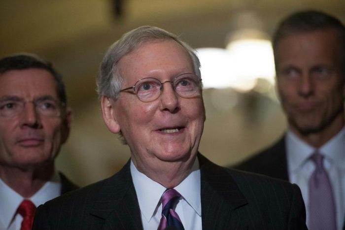 US Senate Majority Leader Mitch McConnell speaking to the press after a Republican senators' weekly lunch at the US Capitol in Washington, DC