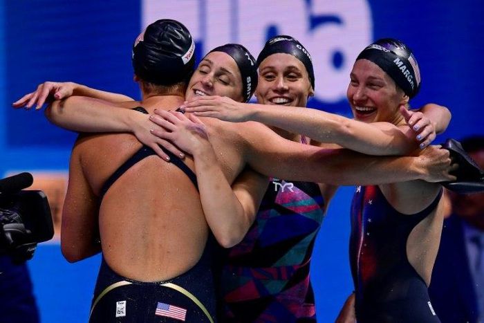 (FromL) US Katie Ledecky, USA's Leah Smith, USA's Mallory Comerford and USA's Melanie Margalis celebrate after winning the Women's 4x200m freestyle relay final at the 2017 FINA World Championships in Budapest July 27, 2017