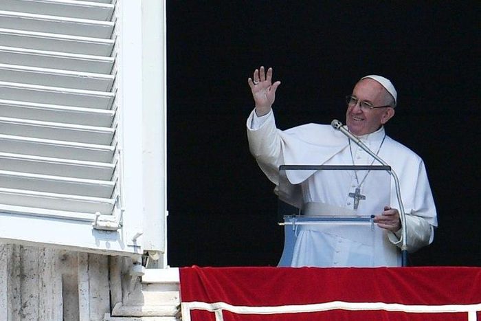 Pope Francis addresses the crowd at the Vatican on April 23, 2017